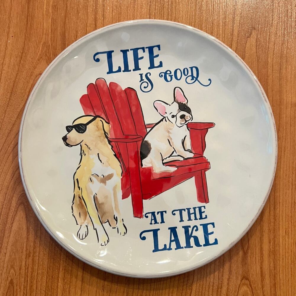 Pier 1 Melamine LIFE IS GOOD AT THE LAKE 8" Plate Retriever & Bulldog Single One